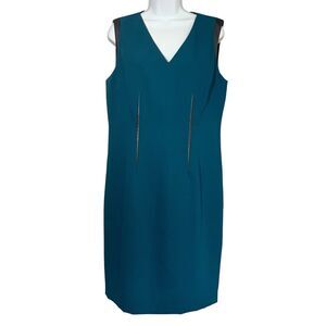 T Tahari Teal And Black Sleeveless Sheath Dress Leather Trim Size 12 NWT